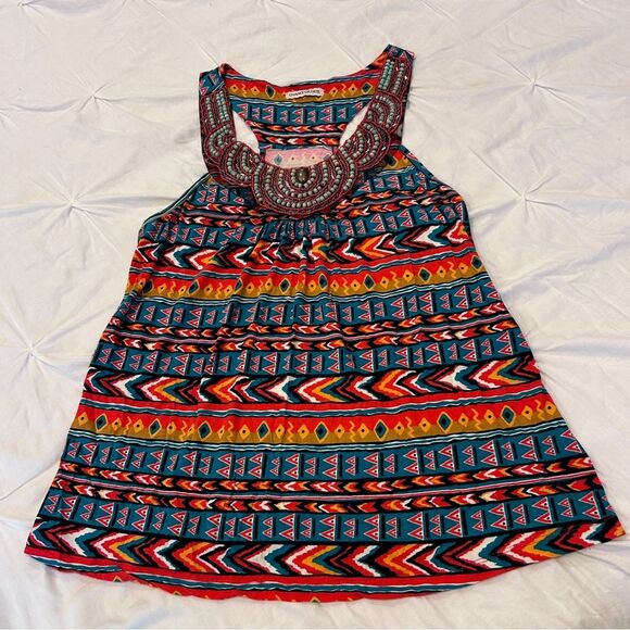 Chance or Fate Dry Goods Boho Beaded Tribal Design Sleeveless Tunic Top Large - Picture 1 of 11